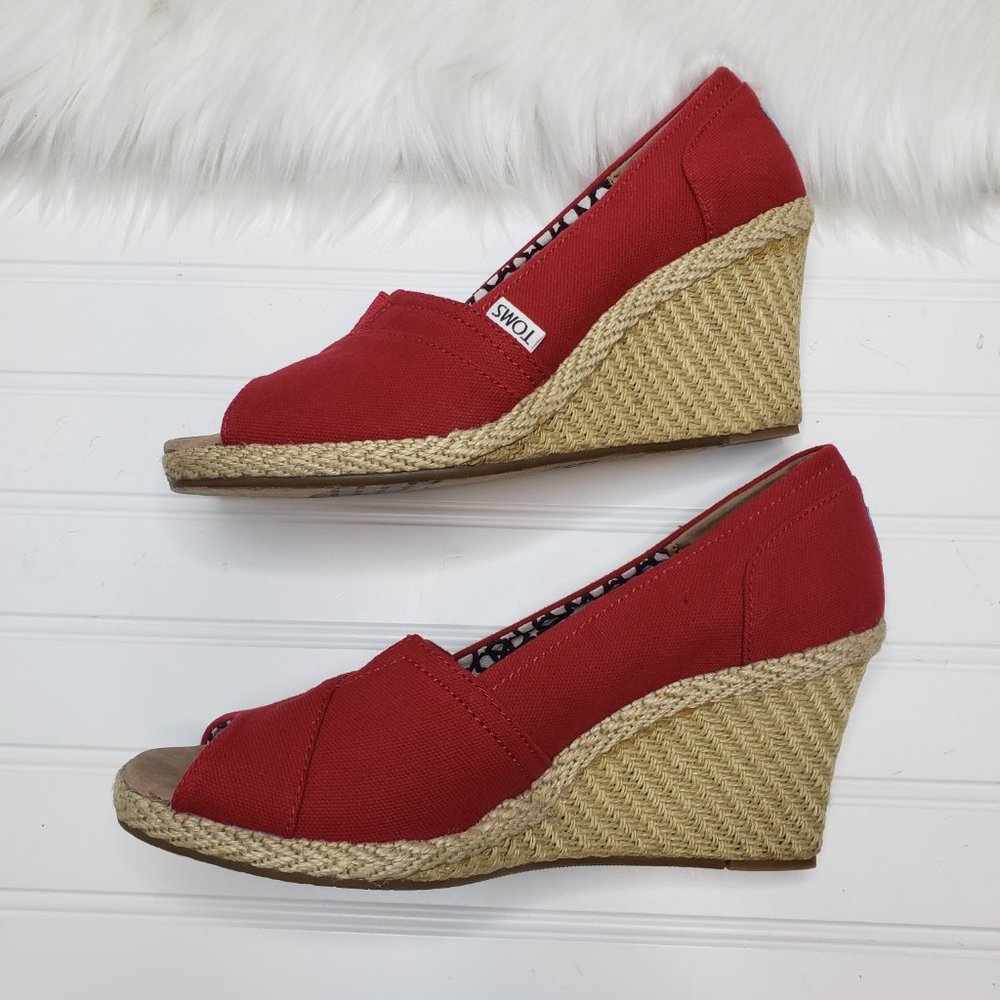 TOMS Women's Classic Espadrille Wedge Sandal Red Scattered Woven Open Toe Sz 10 - Picture 6 of 8